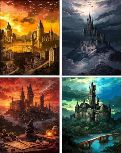 WUDWL 4 Pack Diamond Art Kits for Adults Diamond Painting Kits for Adult | Magic Castle 5D Diamond Dots Gem Art Crafts with Tools, Round Full Drill Crafts for Home Wall Decor-12x16inch - color: DP03237
