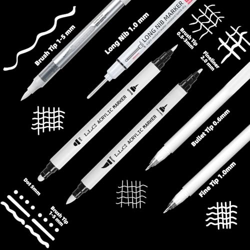 LIULIUCAI 6Pcs White Pens Set, White Gel Pen, Dual-Tip Acrylic Paint Pen | White Ink Pens, Long Nib Marker, Opaque Brush Tip Acrylic Markers for Black Paper Drawing, Sketching, Illustration, Card