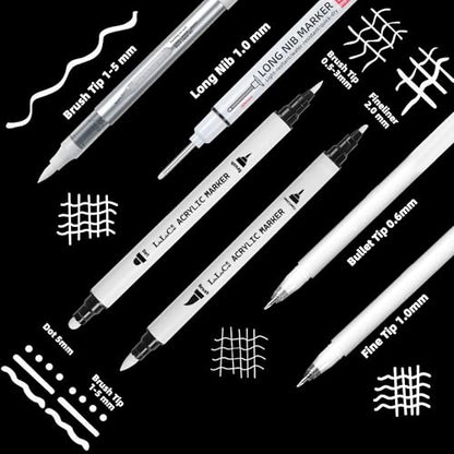 LIULIUCAI 6Pcs White Pens Set, White Gel Pen, Dual-Tip Acrylic Paint Pen | White Ink Pens, Long Nib Marker, Opaque Brush Tip Acrylic Markers for Black Paper Drawing, Sketching, Illustration, Card