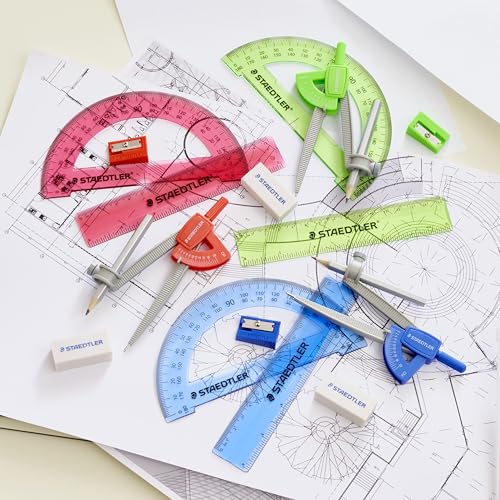 STAEDTLER Student Math Set - Essential School Supplies with 6-Piece - Compass, 6in Ruler, 180° Protractor, Pencil, Eraser & Sharpener in Zippered Storage Pouch
