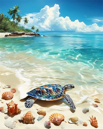 ZRIZQ Beach Paint by Numbers Kit for Adults Beginner,Turtle,16x20 | Full set with rich paints,wooden brushes,rolled canvas.Calming activity.Beginner friendly.Just open and paint. - color: 16"X20"Rolled Canvas-Landscape 14