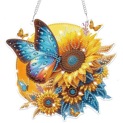 Bowetile Hanging Diamond Art Butterfly Kits for Adults, 5D Special Shape Diamond Painting Sunflower Kits, Diamond Gem Art Suncatchers Painting Pendant Ornament for Home Garden Wall Decor - color: Butterfly, Sunflower