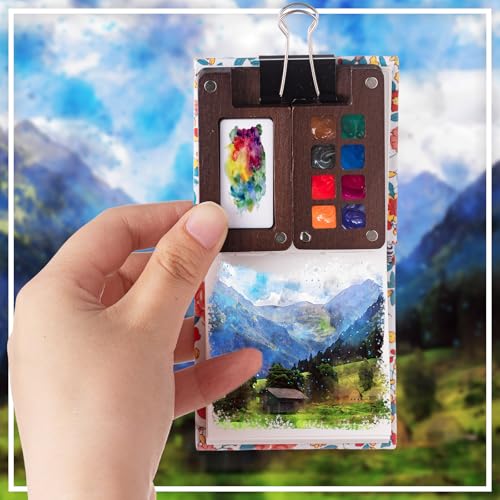Qilery Mini Portable Watercolor Palette Set Wooden Grid Paint Box Watercolor Paper Sketch Book Brush Pens with Binder Clip for Painters Artist Not Include Paint(Red Flowers) - style: Red Flowers