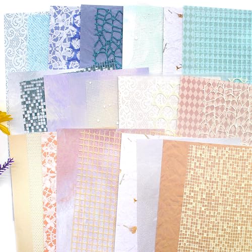 Anvin 30 Pcs Textured Paper - 5x7 Inch Craft, Fabric Mesh, Mulberry Special Handmade Paper Bulk for Scrapbooking, Junk Journaling, Art Journaling, Card Making, DIY (Blue, Beige)