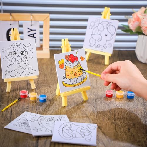 Tenceur 48 Pcs Kids Paint Party Favors Sets with 12 Pcs Unicorn Girl Cake Pre Drawn Canvas Panel and Wooden Easel Set Paint Pots and Brushes 12 Mini Apron and Tote Bag for Kids Girls Student Boys - style: Unicorn