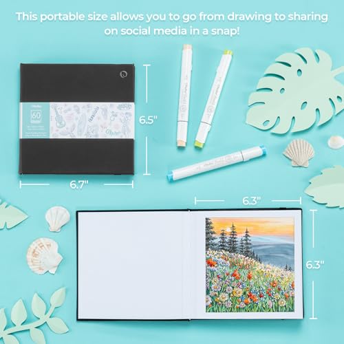 Ohuhu 6.3"x6.3" Double-Sided Bleedproof Marker Pad Art Sketchbook 60 Sheets | Small Square Sketch Book - 90 LB/150 GSM Smooth Drawing Paper - 60 Sheets/120 Pages -Hardcover Sketch Pad for Alcohol Markers - size: 6.3" x 6.3"