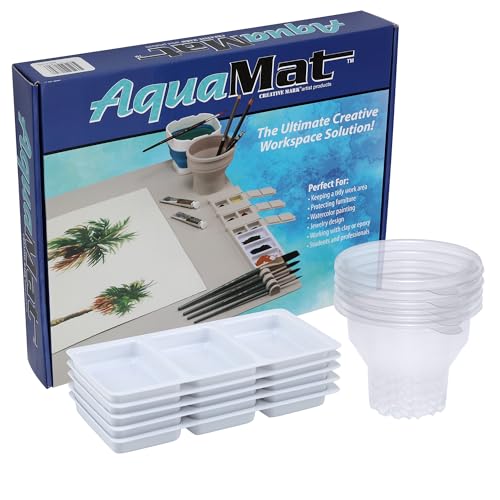 Creative Mark AquaMat Non-Slip Silicone Paint Mat - 23-3/8" x 21-3/8" - 5 Paint Cup Liners & 5 Palette Inserts for Artists, Painters & Crafters, Waterproof Surface Protection Rolls Up for Storage