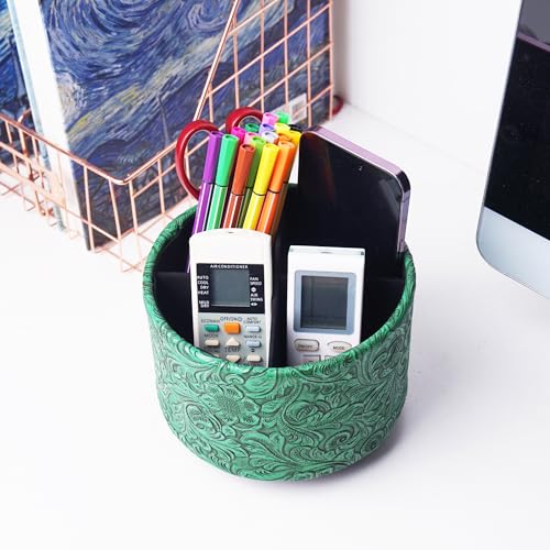 Round Leather Art Supply Organizer,Remote Control Holder,360 Degree Spinning,Multi-Functional Pencil Holder,4 Compartments Desktop Stationary Organizer(1-Carved Green) - color: 1-Carved Green