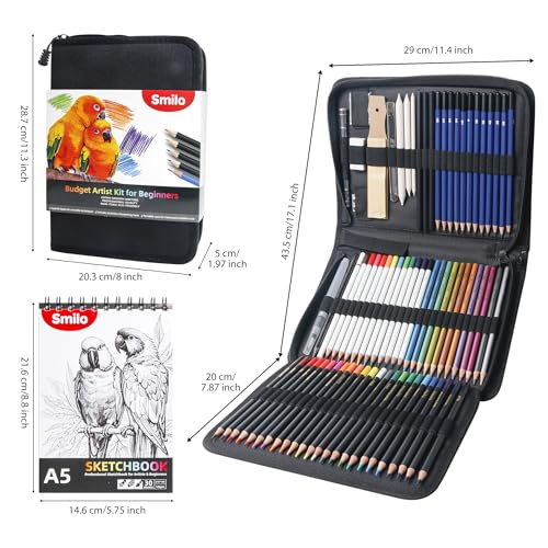 Smilo 76-Piece Art Supplies Sketching Kit with Sketchbook and Travel Case | Graphite Charcoal Watercolor Metallic and Woodless Pencils, Art Knife, Sandpaper Block, Drawing Set for Adults and Beginners - style: 76pcs Art Supplies