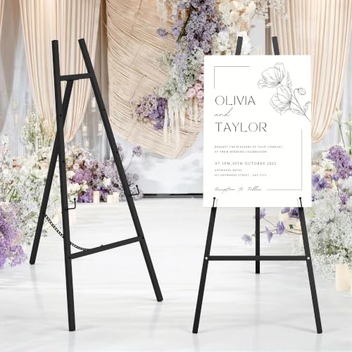 47" Black Easel Stand for Sign, Large Heavy Duty Metal Display, 4-Tier | Sturdy Art Easel with Adjustable Chain & Non-Slip Feet for Wedding, Painting, Party, Posters, Commercial, Foldable - color: Black