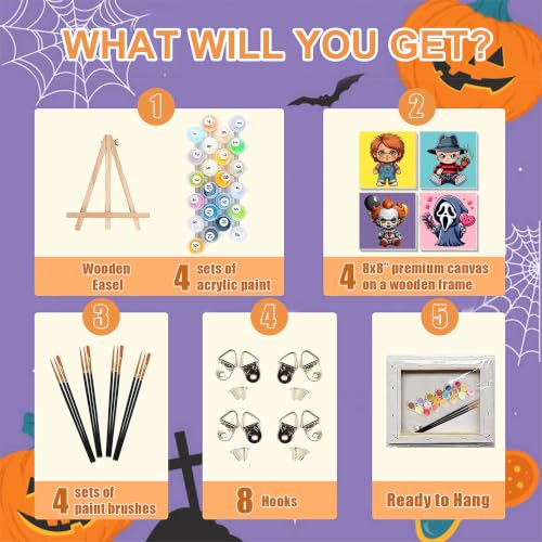 4 Pack Halloween Paint by Numbers for Kids with Frame Canvas - Wooden Easel - color: BKH2885+BKH2886+BKH2887+BKH2888