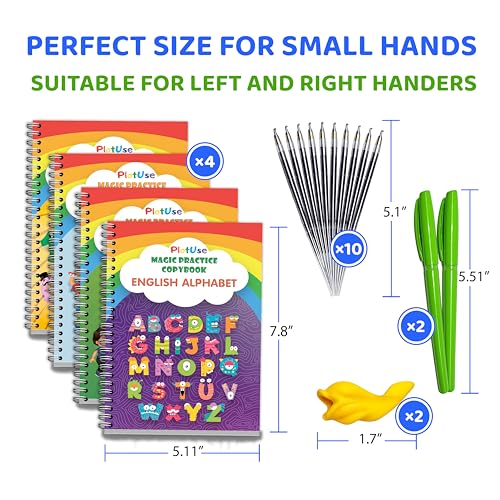 4 Pack Magic Practice Copybook for Kids Ages 3-8, Reusable Grooved Handwriting Workbooks with Disappearing Ink Pens - Workbook for Learning Drawing Math Skill Writing, Preschool Preparation | PREMIUM NON-BLEED PAPER | 10 REFILLS AND ERGONOMIC GRIPS | DYSG