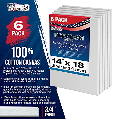 U.S. Art Supply 14 x 18 inch Stretched Canvas for Painting, 12oz Triple Primed, 6-Pack - Professional Artist Quality White Blank 3/4" Profile, 100% Cotton, Heavy-Weight Gesso - Acrylic Pouring, Oil - size: 14" x 18"