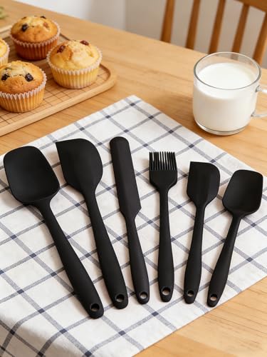 6 Pieces Silicone Spatula Set - Heavy Duty Kitchen Cooking Serving Utensils, Non-Stick Silicone Cooking Utensils Set, Kitchen Utensil Set with Oil Brush, Jar Spatula & Mini Spatulas (Black) - color: Black