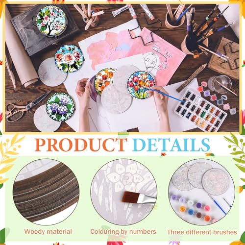 Reallnaive 8 Pcs Flower Paint by Numbers Kit for Adults Wood Floral Coaster - style: Floral