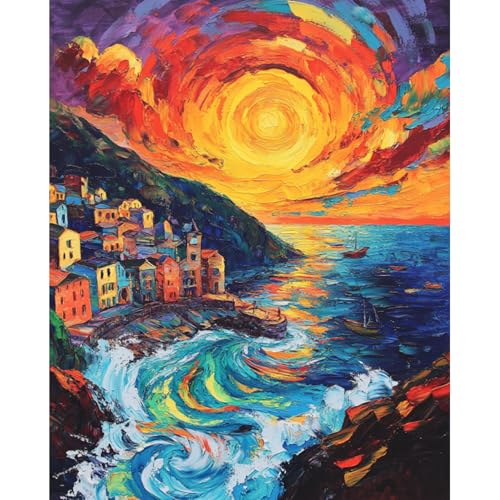 Sunset Paint by Numbers Kit for Adults Beginner Cinque Terre Italy Oil Painting Kit Adult Paint by Number Kits on Canvas DIY Painting for Beginners Art by Numbers for Gifts Home Wall Decor 16x20 Inch﻿ - color: YF021