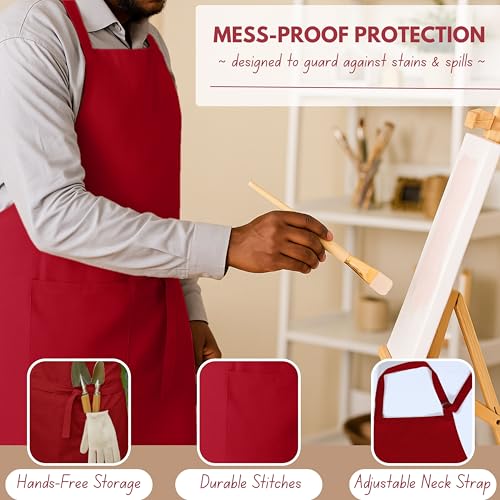 Native Fab Kitchen Apron 2 Pack - 100% Cotton Adjustable, Durable Apron with Pockets, Perfect for Cooking, Baking, Grilling - color: Red