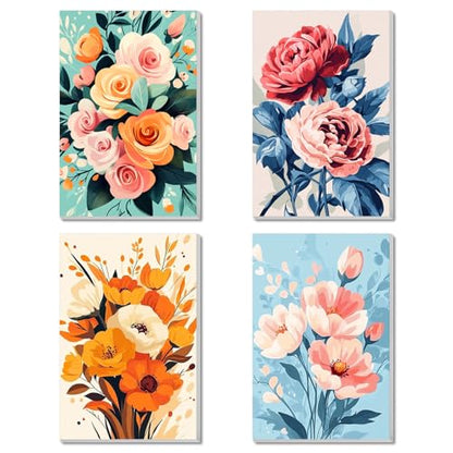 obterie 4 Pack Framed Paint by Numbers Kit for Adults Beginner Canvas Painting by Numbers for Adults Flowers Easy Adult Paint by Number Kits with Frame Flower Watercolor Painting by Number 8x12 Inch - color: YFb0104