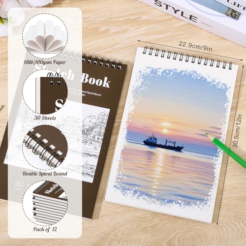 12 Pack Sketch Book 9 × 12 in, Top Spiral, 30 Sheets Each, Tan - color: Tan, size: 9 × 12Inch（12 Pack）