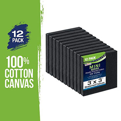 U.S. Art Supply 3" x 3" Black Mini Professional Stretched Canvas 12 Pack | Small Primed Stretched Artist Canvas Professional - Ideal for Arts & Crafts