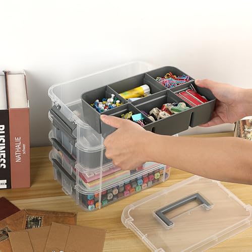 JUXYES 4-Tiers Plastic Stack Carry Storage Containers Box wih Handle Lids - color: Dark Gray