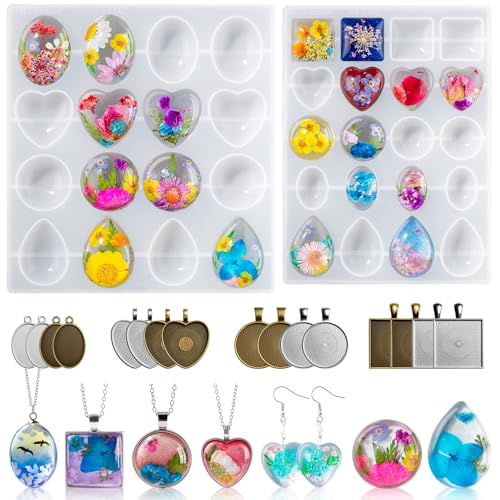 LET'S RESIN Cabochon Gems Resin Molds, 36-Cavity Jewelry Making Kit | Includes 16 Metal Pendant Trays, Silicone Molds for UV & Epoxy Resin, Pendants, Earrings, Necklaces, DIY Craft Supplies
