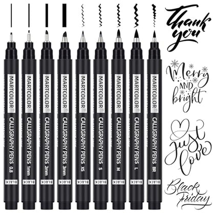 MARTCOLOR 9 Size Calligraphy Pens for Writing, Black Archival Ink Pens