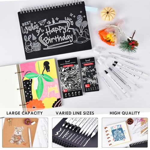 Brusarth White Ink Pen Set, Opaque Acrylic Gel Ink for Black Paper | Archival Dual-Tip White Opaque Pens, Fine & Brush Tips for Black Paper Drawing,Sketching,Illustration,Card Making
