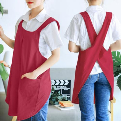 NEWGEM Japanese Cotton Linen Cross Back Cooking Apron for Women Men with Pockets Cute for Baking Kitchen - color: 05 - Women's Dark Red