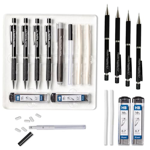 MozArt Mechanical Pencil 0.7mm Set 2x30 HB Lead & Eraser Pen Refills | Metal Mechanical Pencil with Lead & Eraser Refills – Sketch, Architecture, Drafting & Art for Students, Artists & Beginners - color: 0.7 Black