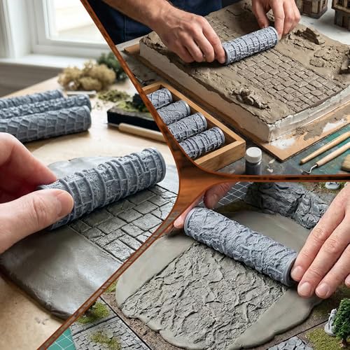 Warmtree 4 Pcs RPG Terrain Texture Roller Set Polymer Clay Texture Roller | DND Terrain Sets Texture Roller for DIY Modeling Scenic Terrain Wall Road Model Miniatures Landscape