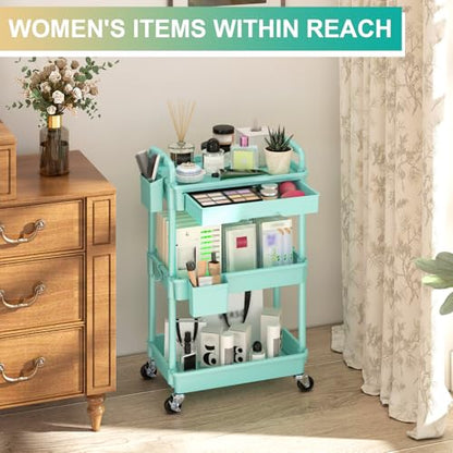 Goovilla 3 Tier Rolling Utility Cart Organizer with Removable Drawer, Blue | Stable and Sturdy Rolling Storage Carts with 2 Lockable Wheels for Bathroom, Kitchen, Snack, Craft, Makeup, Baby Essentials - size: 3 Tier, style: Blue