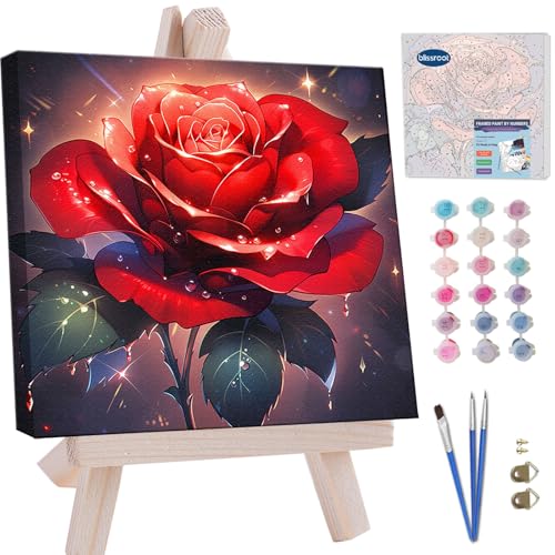 Blissroot Framed Paint by Numbers Kit for Adults Beginner&Kids Ages 8-12, 10x10inch Red Rose Paint by Numbers with Frame,Small Flower Paint by Number Framed Canvas (Without Easel) - color: BR002F, size: 10"x10"
