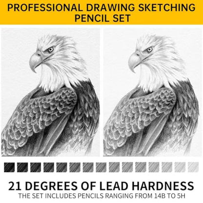 21pc Drawing Sketching Pencil Set Graphite 14B-5H & Charcoal Pencils