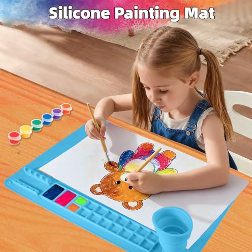 Silicone Painting Mat, 20"X16" Craft Mat,Large Art Mat Clay Mats | Paintbrush Holder, Nonslip Color Dividers Silicone Mats with Built in Cup for Painting, Table, Resin and DIY Blue - color: Blue