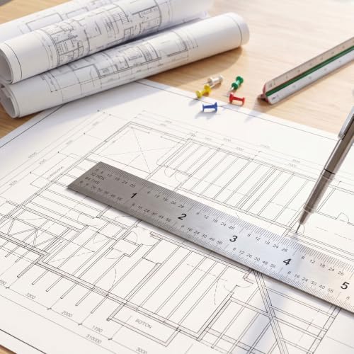 EBOOT 2 Pcs Stainless Steel Ruler Machinist Engineer Ruler with Markings 1/8, 1/16, 1/32, 1/64 Inch for Engineering, School, Office, Architect, and Drawing - size: 6 Inch, 12 Inc