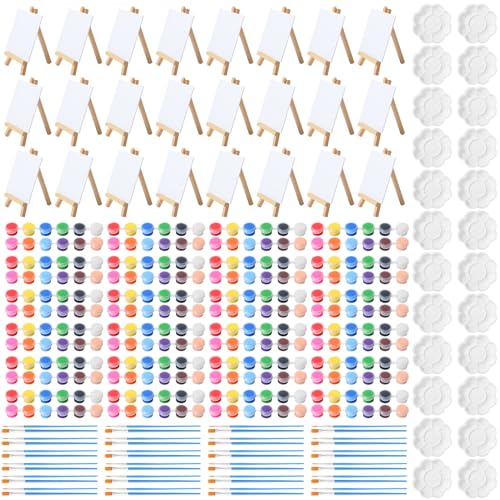 Qilery 12 Set Canvas Painting Kit, Mini Canvas with Wooden Easels Acrylic Paints Strips, Brushes, Palette, Art Set for Acrylic Oil Watercolor Adults Birthday Party Favors(4 x 4 Inch) - size: 4 x 4 Inch
