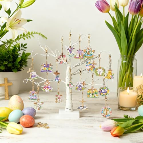 WILLBOND 30 Pcs Easter Diamond Art Keychain Kits He is Risen 5d DIY Double Sided Diamond Painting Keychain Religious Christian Cross Hanging Ornaments for Adults Beginners Key Ring Pendant Crafts - color: Cross