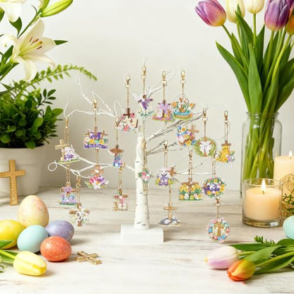 WILLBOND 30 Pcs Easter Diamond Art Keychain Kits He is Risen 5d DIY Double Sided Diamond Painting Keychain Religious Christian Cross Hanging Ornaments for Adults Beginners Key Ring Pendant Crafts - color: Cross