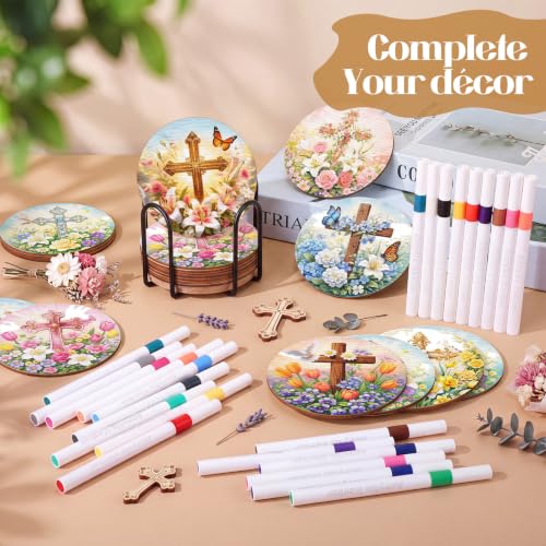 Reallnaive 77 Pcs Cross Coasters Painting Kit, 20 Set Christian Wooden Drink Coasters 4 Inch with Holder & Markers Boho DIY Crafts for Adults, Women, Hobby, Color Your Own Art Craft Supplies - style: Christian