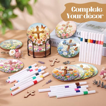Reallnaive 77 Pcs Cross Coasters Painting Kit, 20 Set Christian Wooden Drink Coasters 4 Inch with Holder & Markers Boho DIY Crafts for Adults, Women, Hobby, Color Your Own Art Craft Supplies - style: Christian