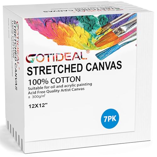 GOTIDEAL Stretched Canvases for Painting, 12x12 Inch Set of 7, Primed White - color: White, size: 12"x12"