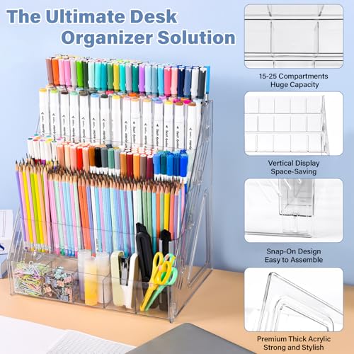 CELSOL Acrylic Marker Organizer – 4 Tier 20 Compartments for Pens, Markers, Art Supplies & Office Essentials – Clear Vertical Desk Storage for Home, Office & School - size: 4 Tier
