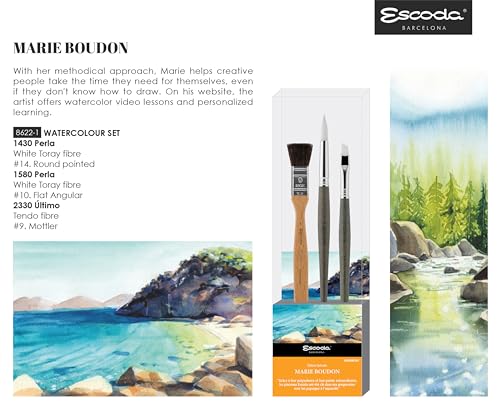 Escoda | Watercolour | Artist Set Marie Boudon | Size 9,10,14 | 3 Brushes | Synthetic White Toray + Tendo | Mottler + Angular + Round Pointed - color: Marie Boudon, size: Artist Set