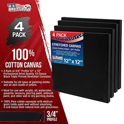 U.S. Art Supply 12"x12" Black Stretched Canvas for Painting, 3/4", 4-Pack - size: 12" x 12"