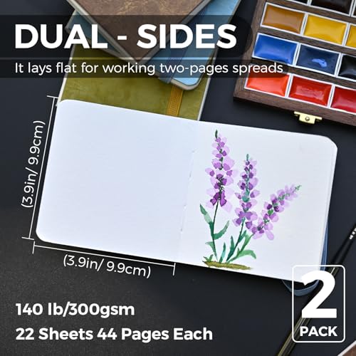 Funto Watercolor Journal 2-Pack, 3.9x3.9, 44 Pages Each,Hot-Pressed 100% Cotton, PU Leather Green Hard Cover, Art Supplies for Mixed Media - color: Green, size: 3.9x3.9