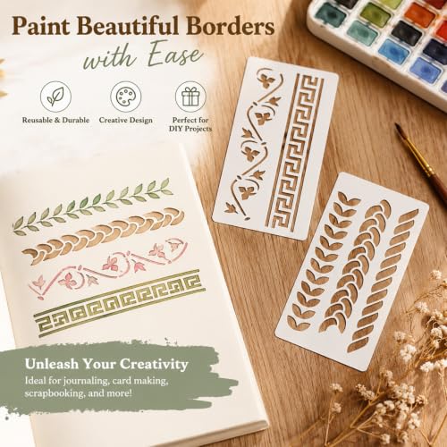 12 Pack Border Stencils Set for Painting on Wood Walls, Reusable Floral Boho Pattern Stencil for Art Crafts, Spray Paint Template for Wallpaper Floor Canvas, Acrylic Painting on Floors Fabric