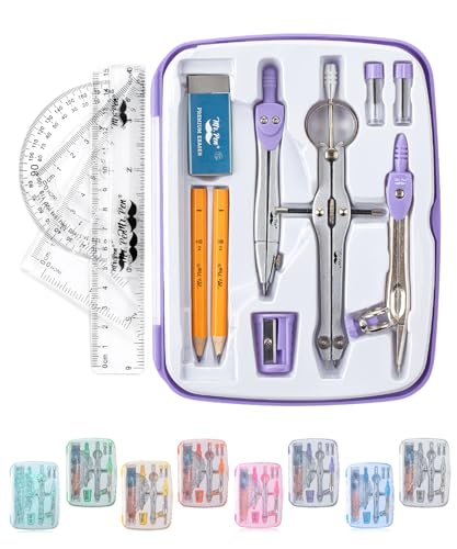 Mr. Pen- Geometry Set, 13 pcs, 3 Metal Compasses, Protractor, 6" Ruler | 45° & 30°/60° Set Squares, Pencils, Lead Refills, Sharpener & Eraser for Math, Drafting & Classroom Use | 45° & 30°/60° Set Squares, Pencils, Lead Refills, Sharpener & Eraser for Mat