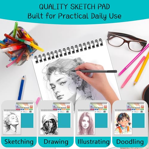 WINNER 9" x 12" Sketch Book 4 Pack, 400 Sheets Spiral Bound Art Sketchbook, 68lb/100gsm White Acid Free Drawing Pad, Sketching Doodling Drawing Writing Sketch Pad, Art Supplies for Back to School - color: Teal, size: 9"x12"