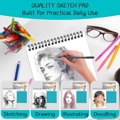 WINNER 9" x 12" Sketch Book 4 Pack, 400 Sheets Spiral Bound Art Sketchbook, 68lb/100gsm White Acid Free Drawing Pad, Sketching Doodling Drawing Writing Sketch Pad, Art Supplies for Back to School - color: Teal, size: 9"x12"
